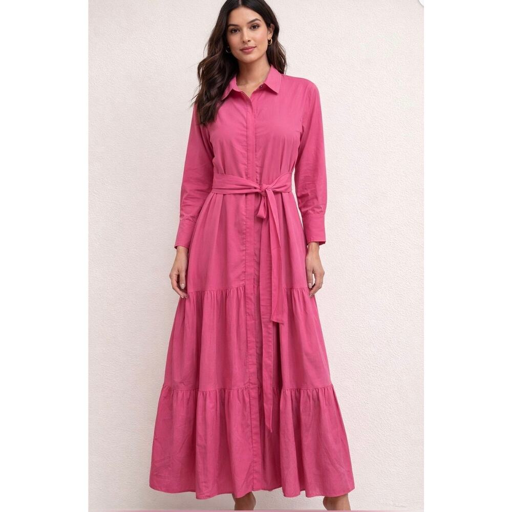 Kobi Halperin Lidia Belted Maxi Tiered Linen Blend‎ Shirt Dress Pink Size XL